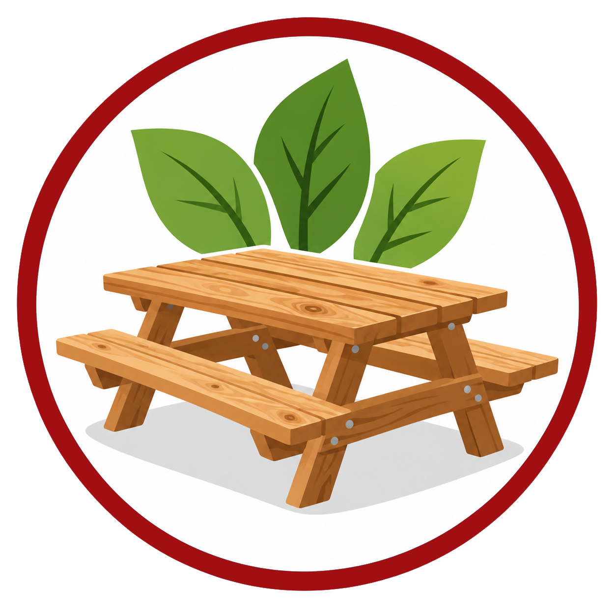 Wooden picnic table with green leaves, representing natural wood appearance